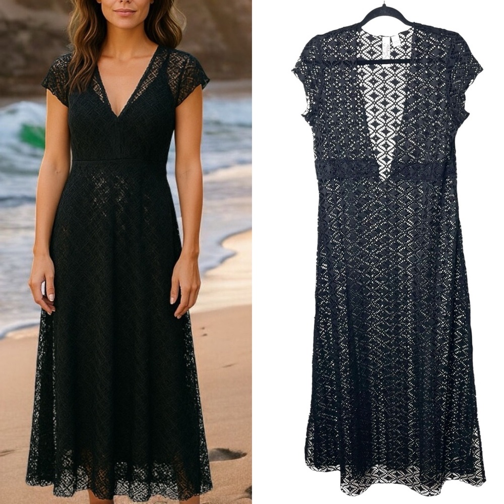Miken Swim Cover Up Black Lace Sheer‎ Midi Dress Large